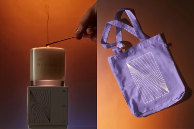 Split image showing a hand lighting a candle on the left and a lavender tote bag with geometric line art on the right.