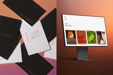 Numinus brand identity featuring business cards with rose gold typography and a computer screen displaying the services page