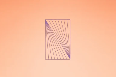 Minimalist purple geometric line art logo centered on a solid warm peach-toned textured background.