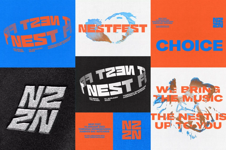 Promotional graphic art for the NESTFEST music festival including text, logo, and event details against orange, blue, white and black backgrounds.