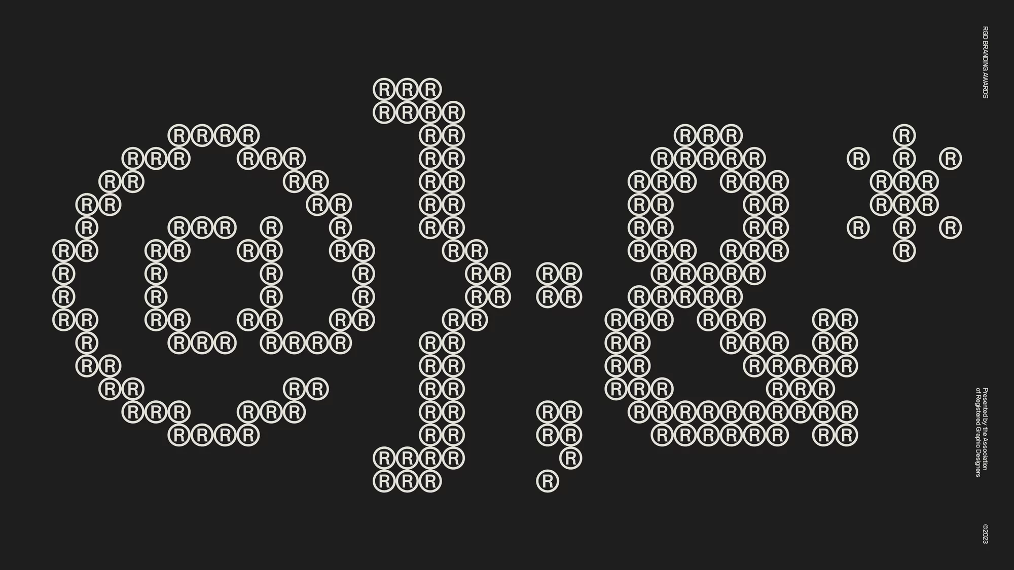 Abstract graphic design features the '@', semicolon, ampersand symbols created from many circles containing the letter R.