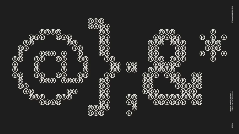 Abstract graphic design features the '@', semicolon, ampersand symbols created from many circles containing the letter R.