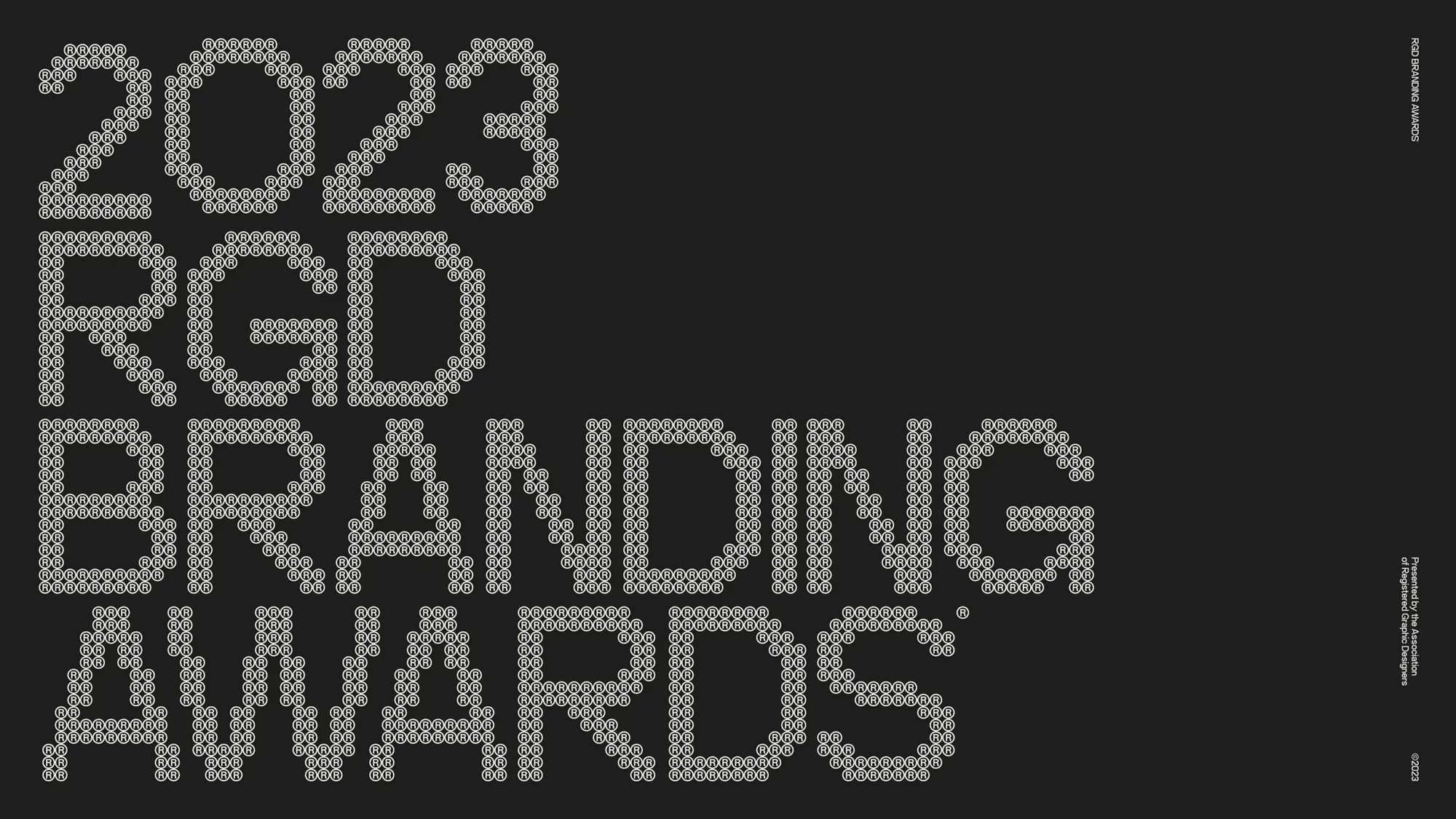 Graphic design promoting the 2023 RGD Branding Awards, featuring typography in white on a black background.