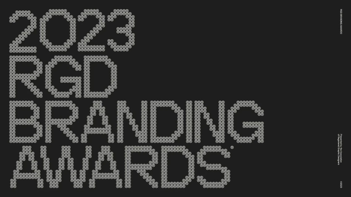 Graphic design promoting the 2023 RGD Branding Awards, featuring typography in white on a black background.