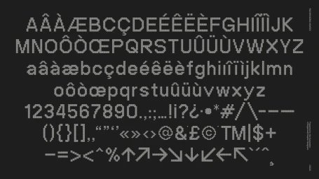 Pixelated stitch-style alphabet and punctuation characters displayed on a solid dark grey background.