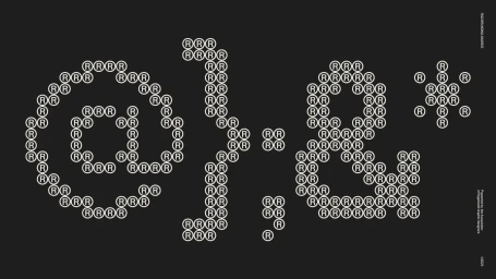Graphic design typography spelling symbols using repeated R symbols against a solid black background.