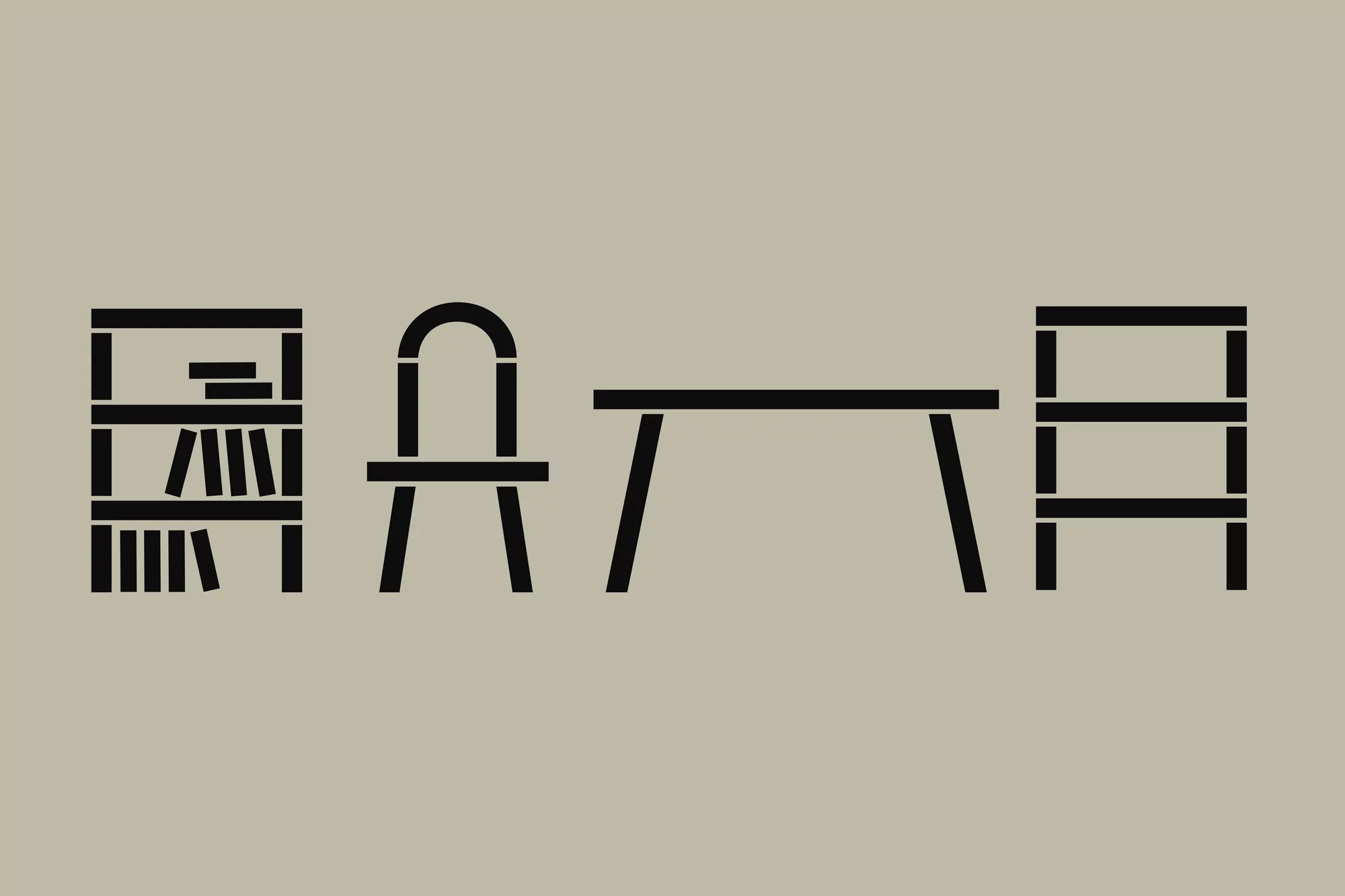 Minimalist graphic brand identity design featuring black line art icons of a bookshelf, chair, table, and shelving unit on a taupe background.