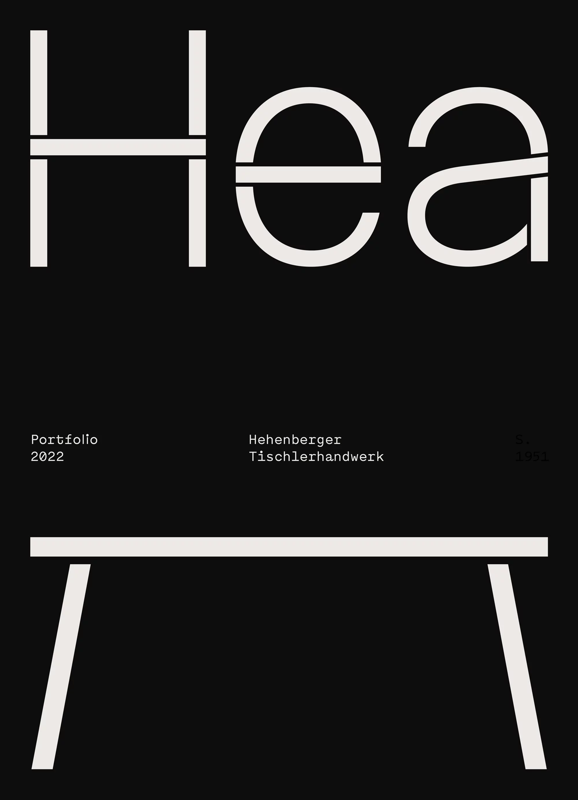 Minimalist design showcases 'Hea' in bold white typography atop a sleek white table graphic against a stark black backdrop.