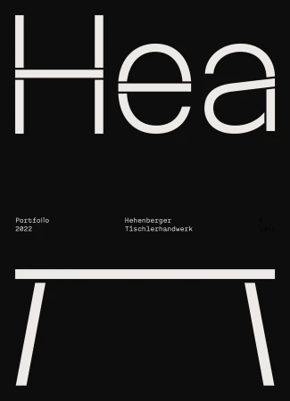 Minimalist design showcases 'Hea' in bold white typography atop a sleek white table graphic against a stark black backdrop.