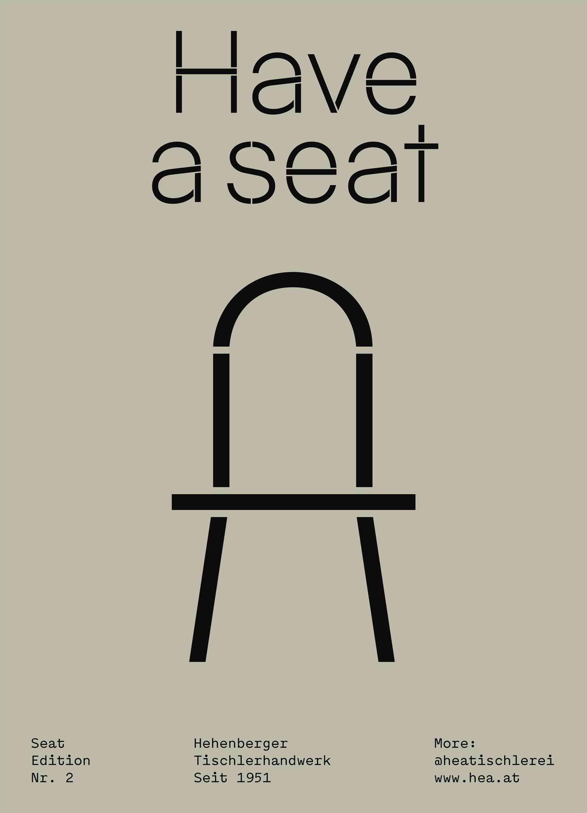 Illustration of a stylized chair against a neutral background with the words 'Have a seat' and company details in a poster layout.