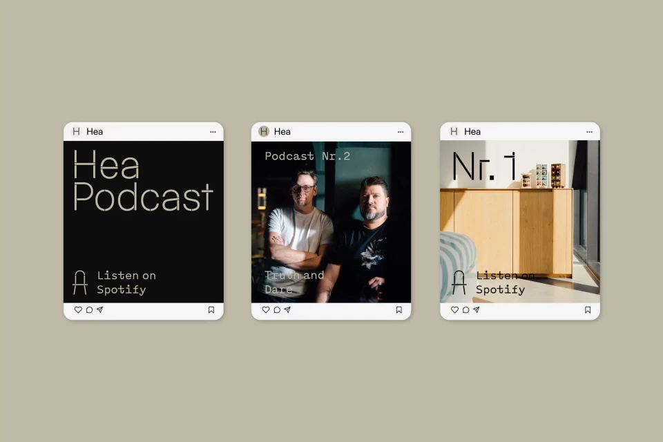 Three digital podcast advertisements feature minimalist designs with text, brand logos, and portraits of podcast hosts for promotion.
