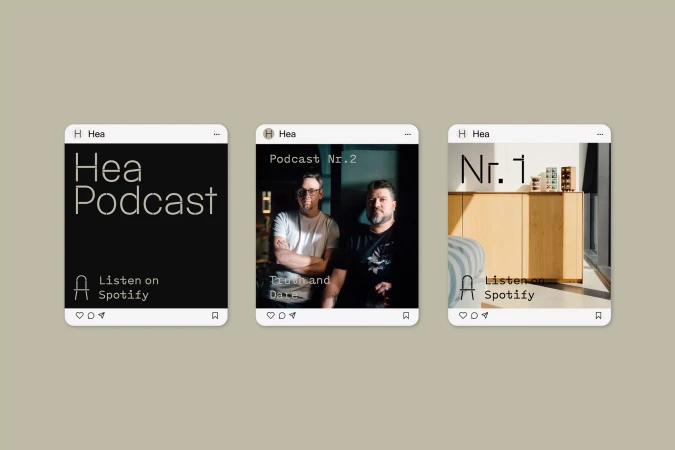 Three digital podcast advertisements feature minimalist designs with text, brand logos, and portraits of podcast hosts for promotion.