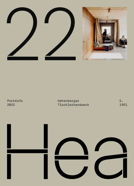 Architectural portfolio cover featuring large typography, a bedroom interior view, and the name Hehenberger Tischlerhandwerk.