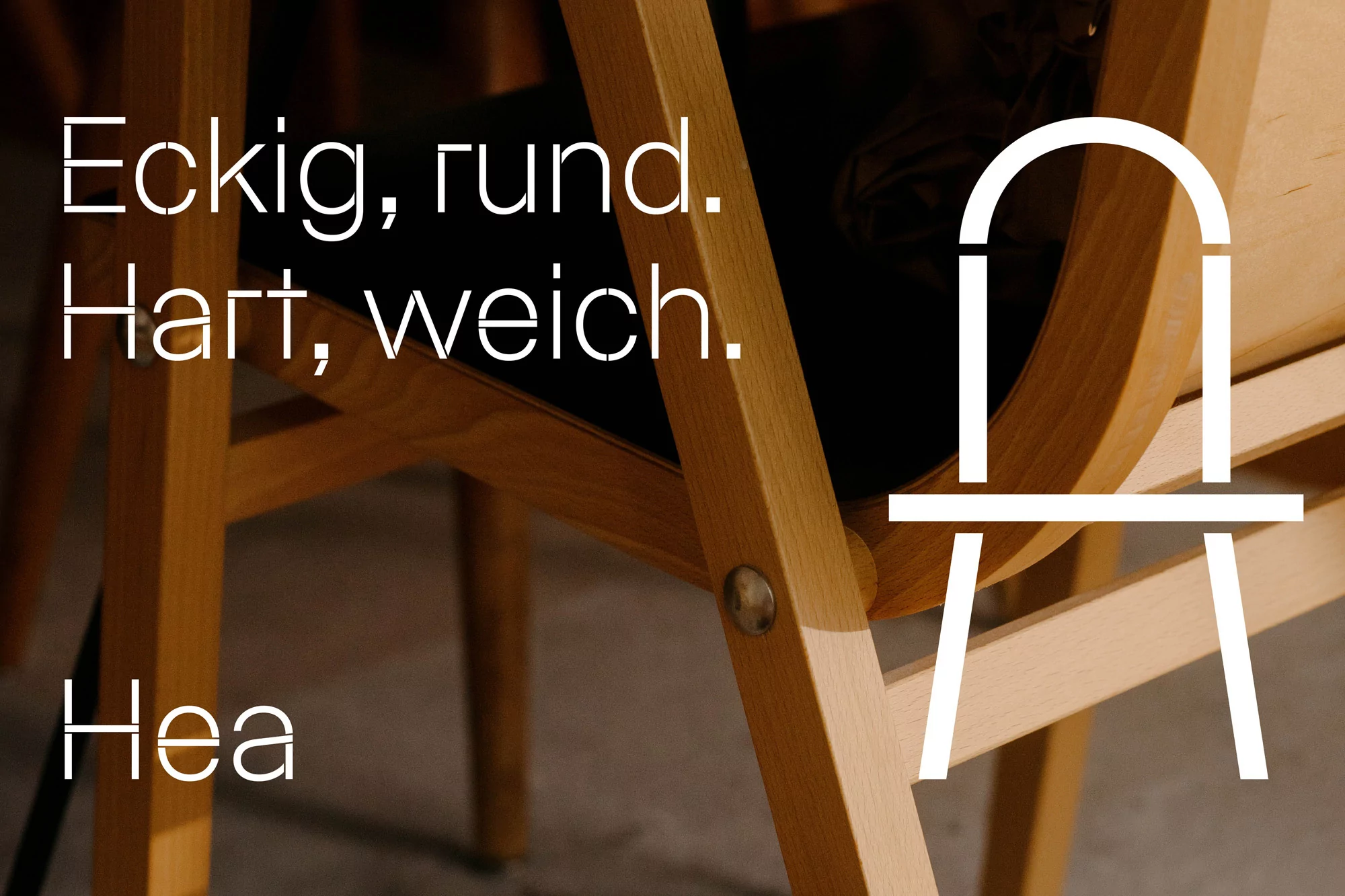 Close-up of wooden chair structure with graphic text overlay and white outline icon for Hea brand identity project