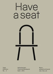 Minimalist graphic poster with black stencil typography and a stylised chair icon on a muted beige background.