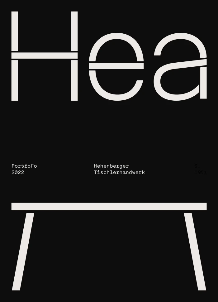 Minimalist black graphic design featuring the word Hea in bold white typography above a simple table line icon