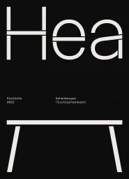 Minimalist black graphic design featuring the word Hea in bold white typography above a simple table line icon