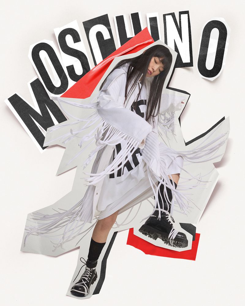Collage of a stylish woman wearing a white shirt with fringe, black socks, and lace-up platform shoes, against a white background.