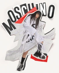 Model Gao Jie wearing white fringe apparel for Moschino Spring Summer 2025 collage