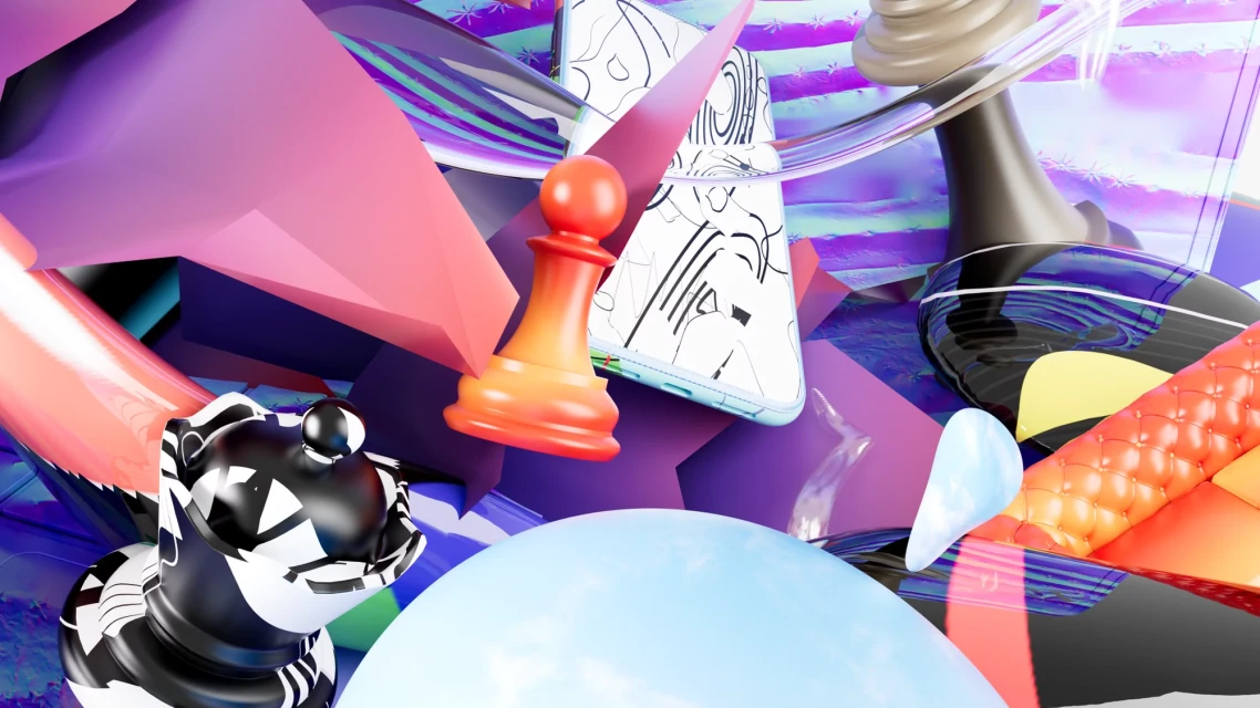 Abstract CGI art featuring chess pieces, geometric shapes, and vibrant colors, creating a surreal and visually striking composition.