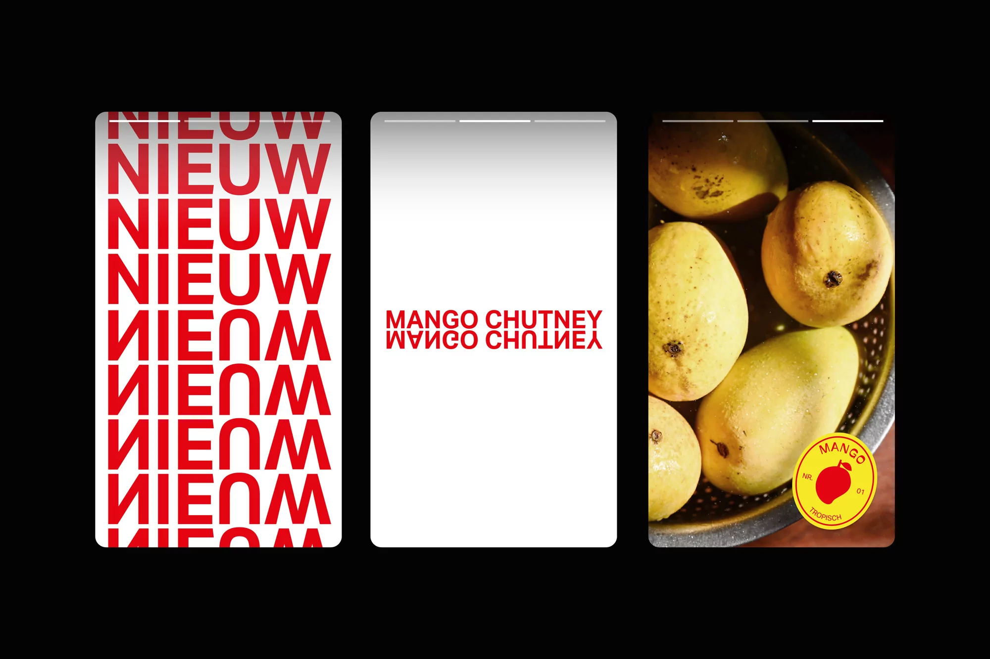 Three panels display graphic design: text overlay, mango chutney text, and a close-up of several yellow mangos in a metal bowl.