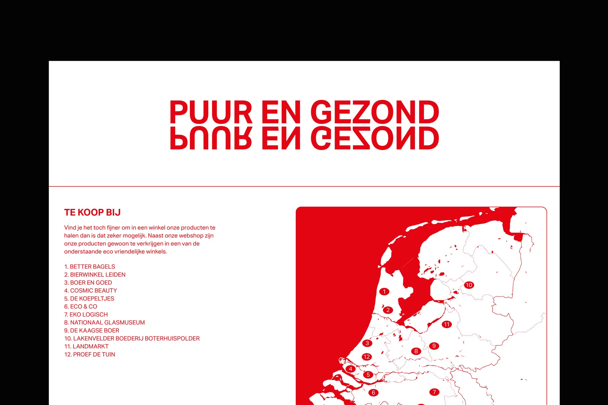 Advertisement featuring a red and white map of the Netherlands, promoting 'Puur en Gezond' and listing local retailers.