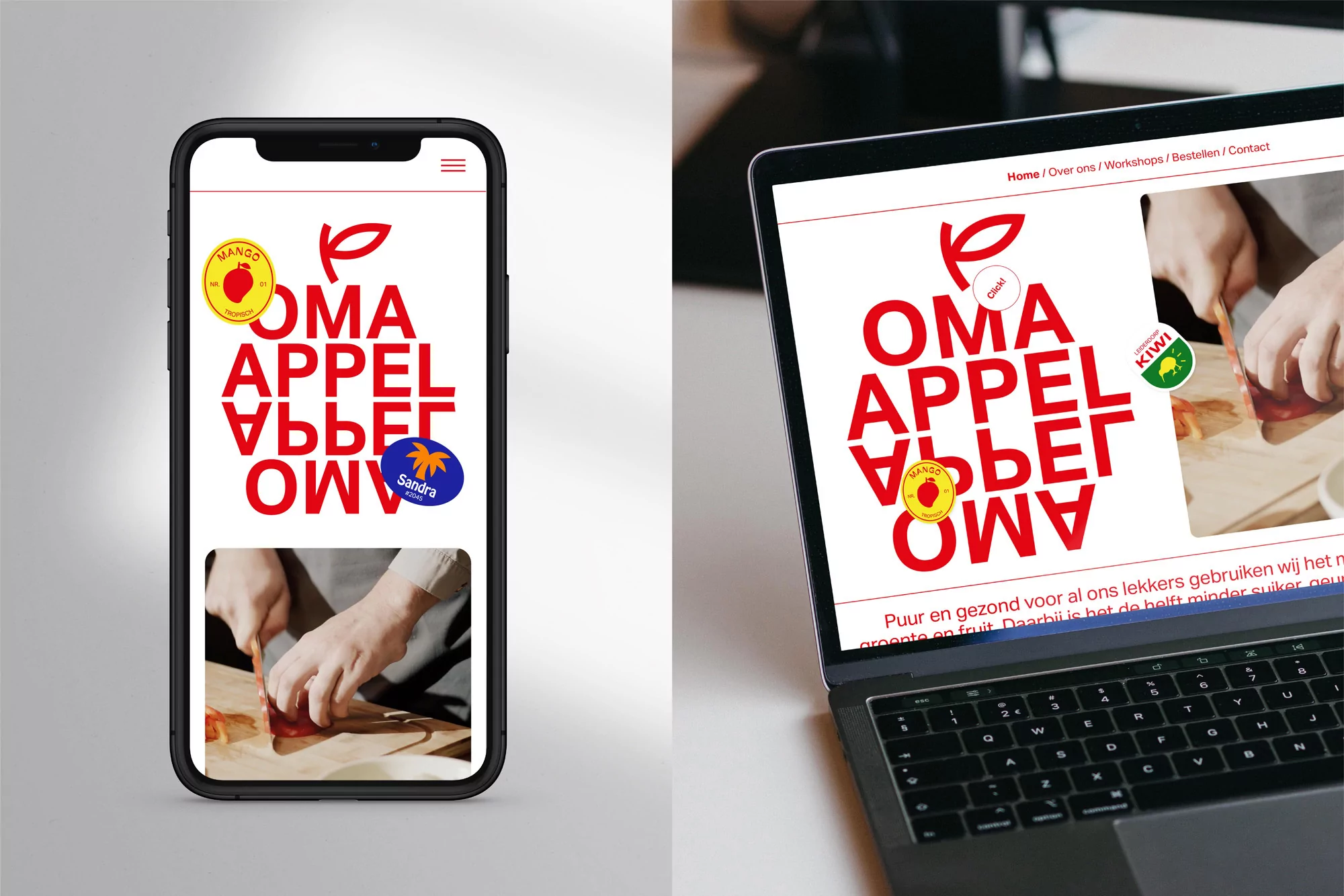 Laptop and smartphone displaying Oma Appel website featuring fruit-themed design, website interface elements, and visible text.