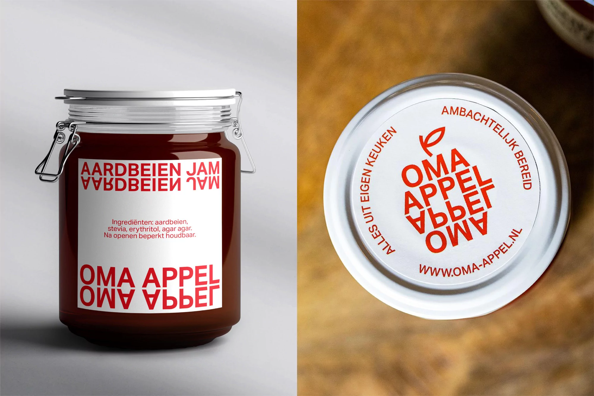 Overhead shot of jam jar and lid with Dutch labels: Aardbeien Jam (strawberry jam) and Oma Appel (grandma apple). Food product photo.