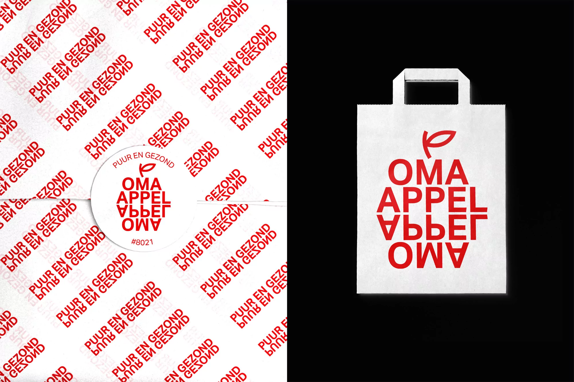 Promotional still life of a white paper shopping bag with red text logo, and a background of branded white wrapping paper.