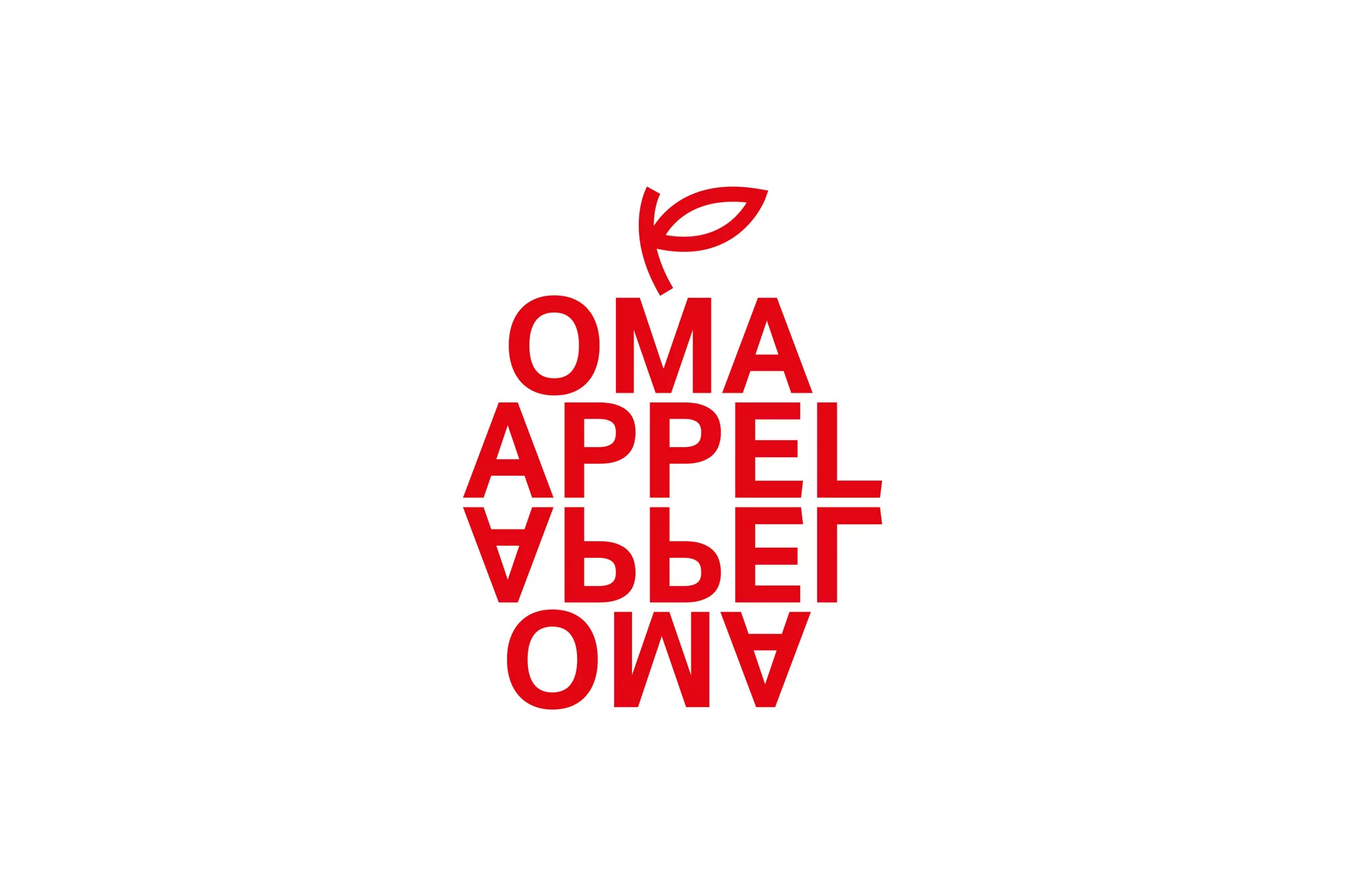 Graphic apple design with the words 'OMA APPEL' and their reflections creating the shape, set on a clean white background.