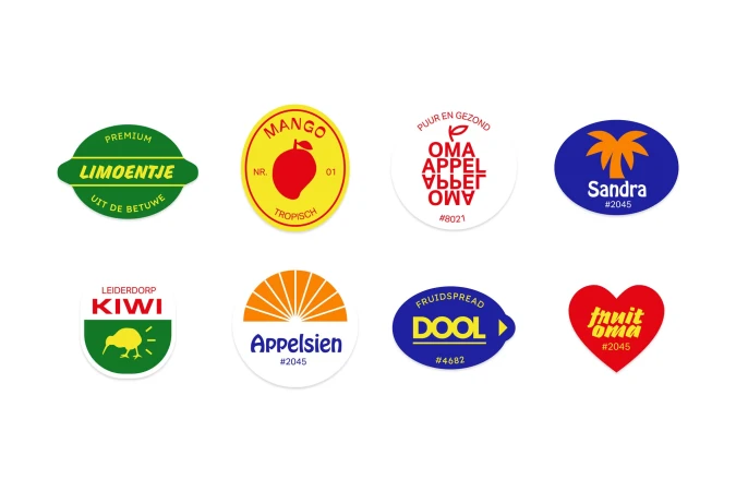 Collection of vibrant fruit stickers featuring brands like Limoentje, Mango, Kiwi, Sandra, Appelsien, and Dool against a clean white background.