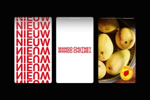 Three vertical frames showing repeated red text, mirrored typography, and fresh mangoes in a colander.