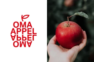 A hand holding a red apple beside a red typographic logo reading Oma Appel against a white background.