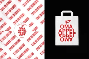 Oma Appel brand identity design featuring branded paper packaging and repeating red typography pattern on white background