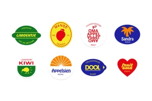 Collection of eight colorful brand logo stickers including fruit designs on white background
