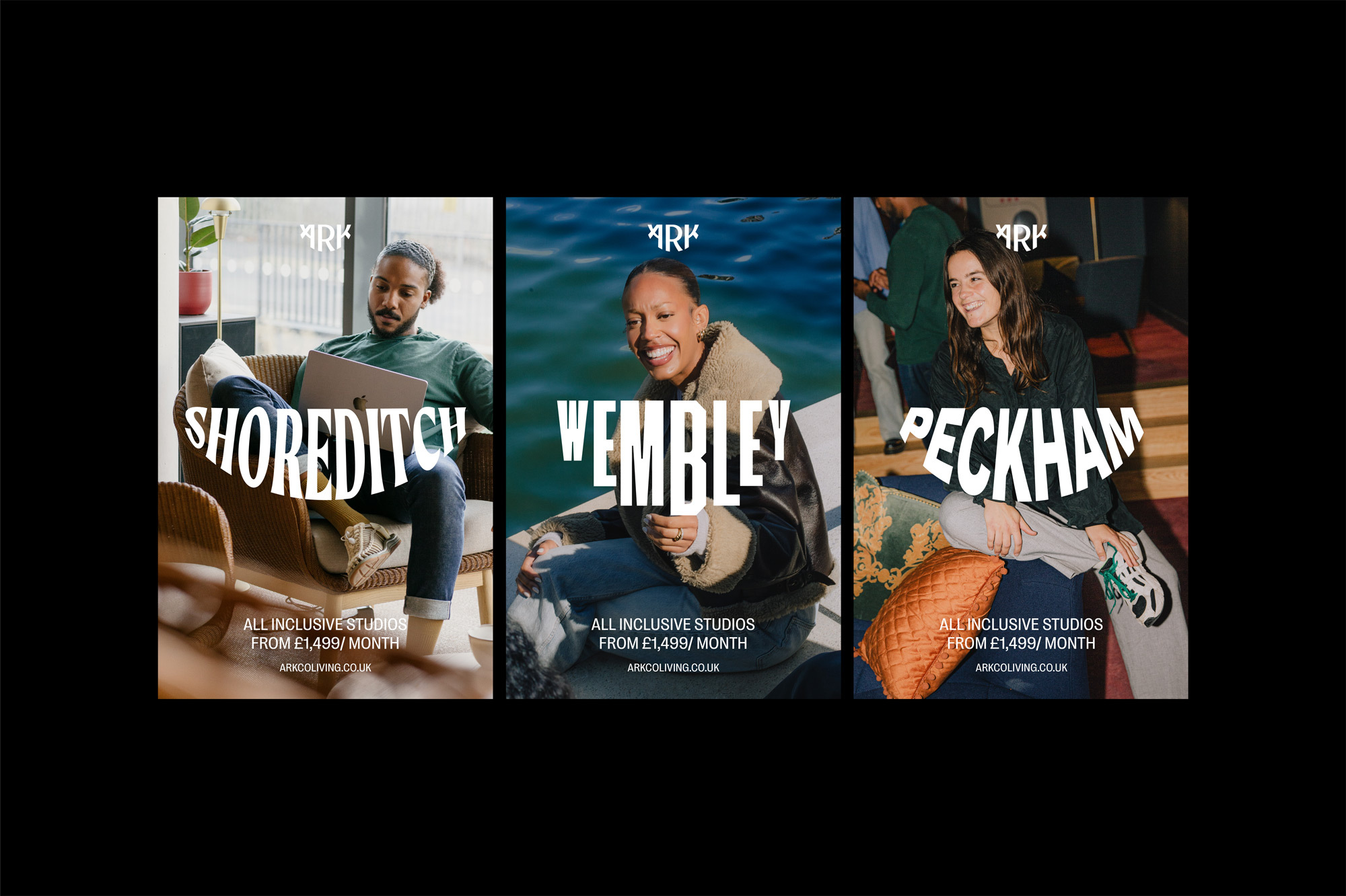 Three diverse individuals, each in a distinct setting, promote ARK living studios in Shoreditch, Wembley, and Peckham with inclusive housing.