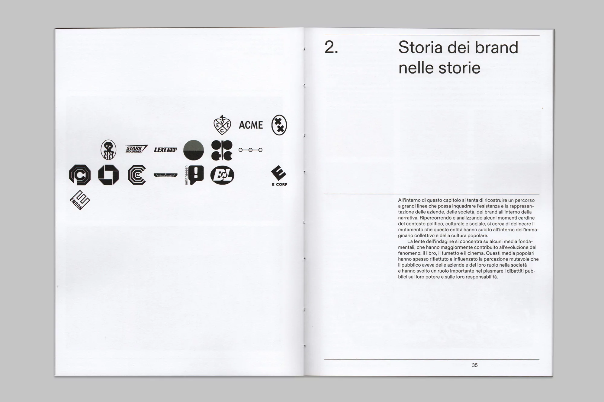 Open book displaying various black and white brand logos and accompanying text on opposing pages against a white background.