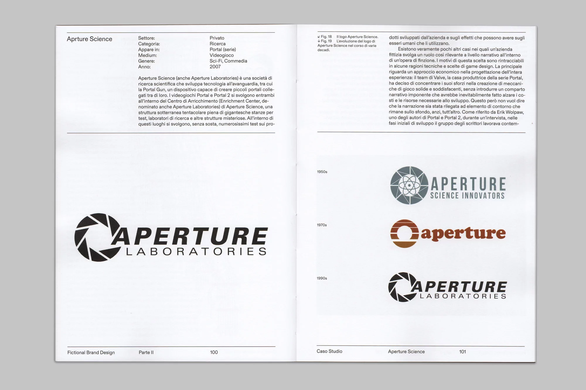Aperture Science brand design featuring logos from different eras on a white background with black text and vector graphics.