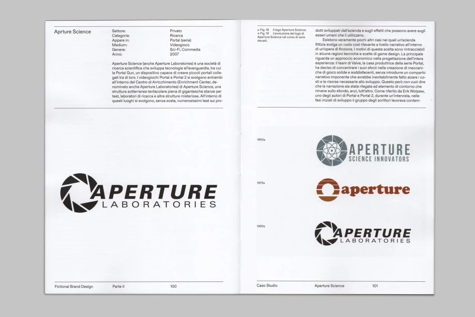 Aperture Science brand design featuring logos from different eras on a white background with black text and vector graphics.