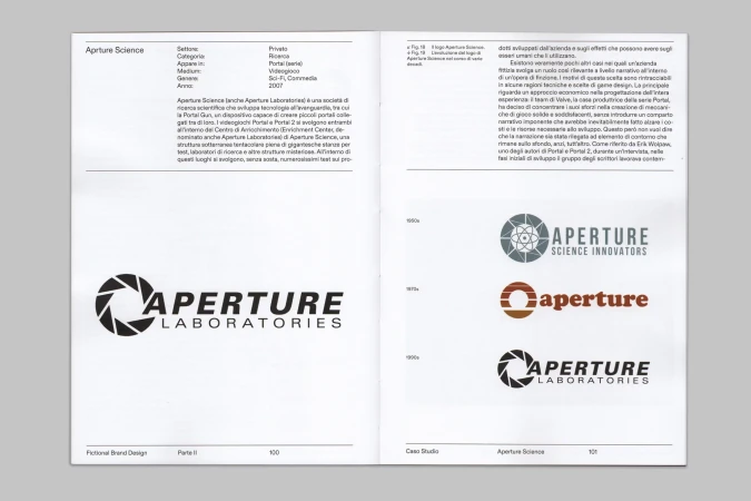 Aperture Science brand design featuring logos from different eras on a white background with black text and vector graphics.