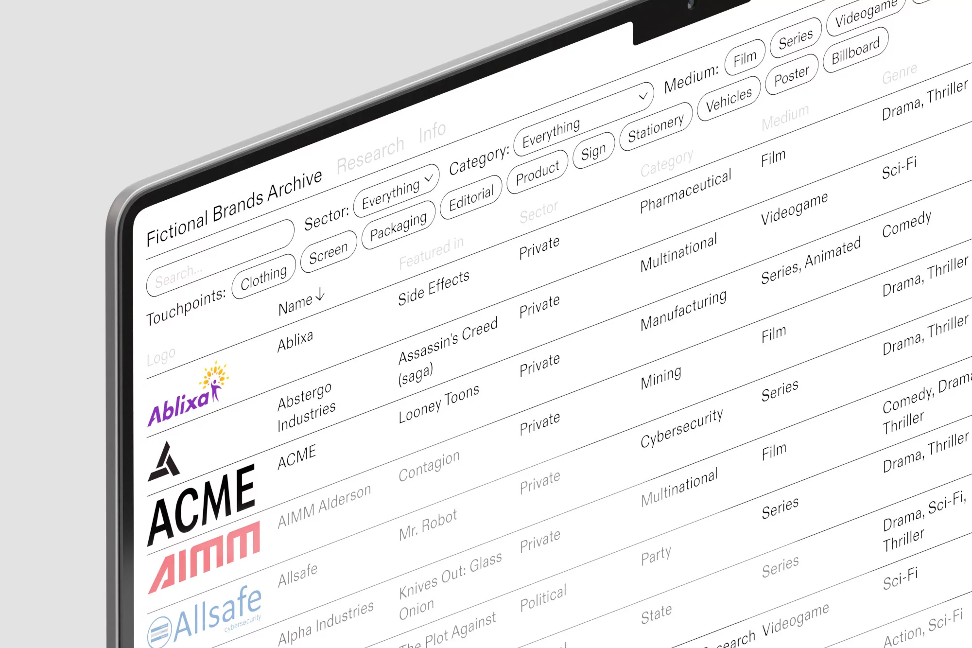 Digital screen showing a fictional brands archive with brand logos, names, and categories. The interface is clean and modern.