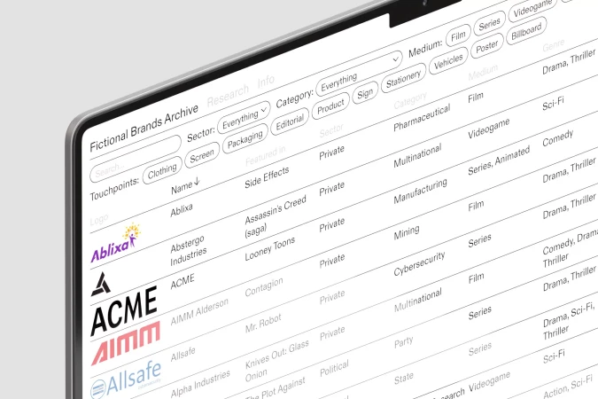 Digital screen showing a fictional brands archive with brand logos, names, and categories. The interface is clean and modern.