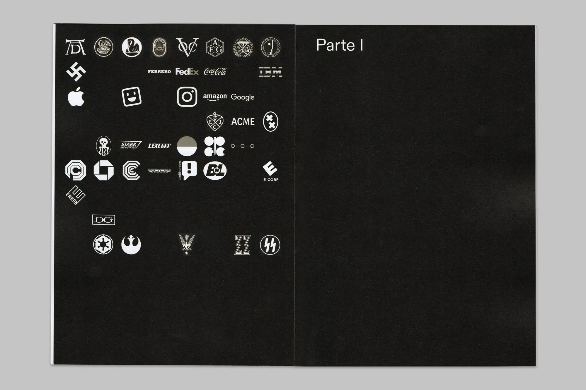 Collection of black and white brand logos on a black surface, showcasing various design styles and brand identities.