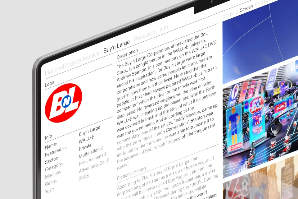 Close-up of a tablet screen displaying information about the fictional Buy'n Large corporation from the WALL-E universe, with a logo.
