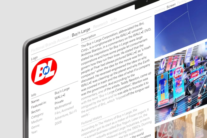 Close-up of a tablet screen displaying information about the fictional Buy'n Large corporation from the WALL-E universe, with a logo.