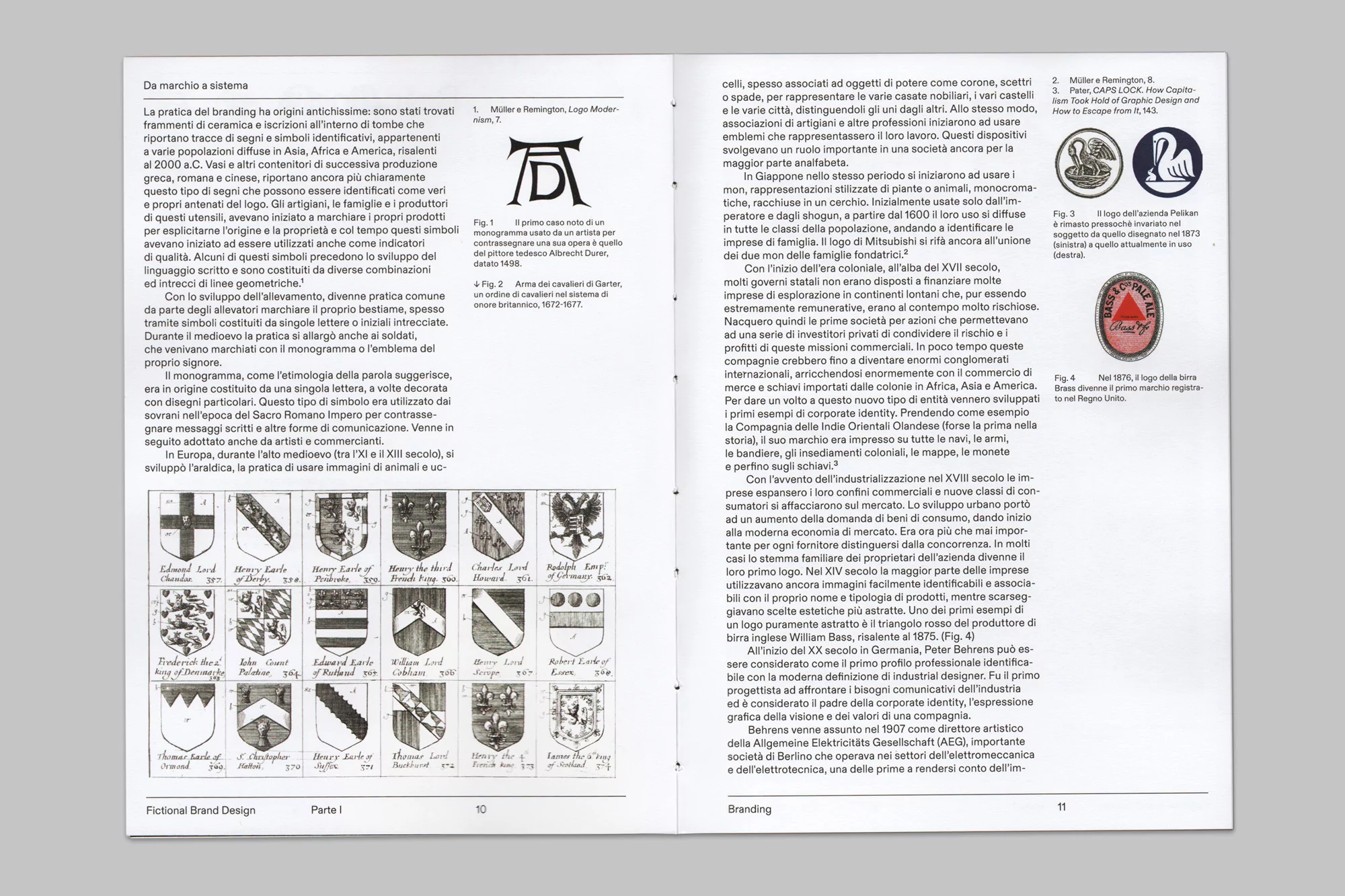Page of a book featuring text and illustrations of historical logos and emblems, showcasing the evolution of branding and design.