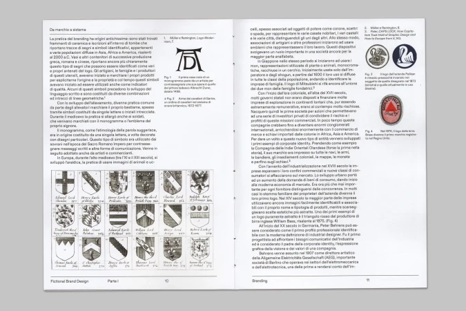 Page of a book featuring text and illustrations of historical logos and emblems, showcasing the evolution of branding and design.