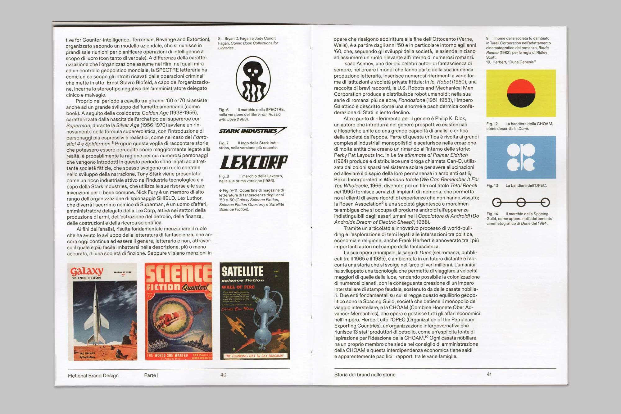 Vintage science fiction magazine covers featuring rockets, planets, and retro-futuristic designs, showcasing fictional brand design.