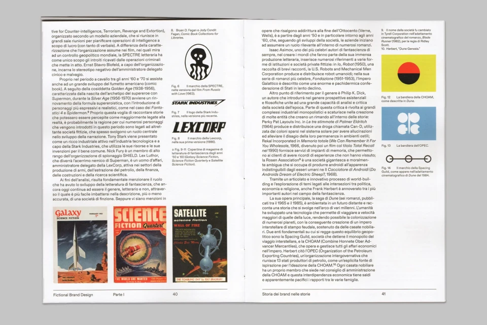 Vintage science fiction magazine covers featuring rockets, planets, and retro-futuristic designs, showcasing fictional brand design.
