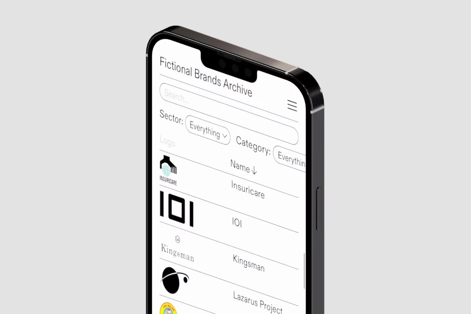 Mobile phone displays a logo archive app interface with a search bar, logo thumbnails, sector and category filters on a gray surface.